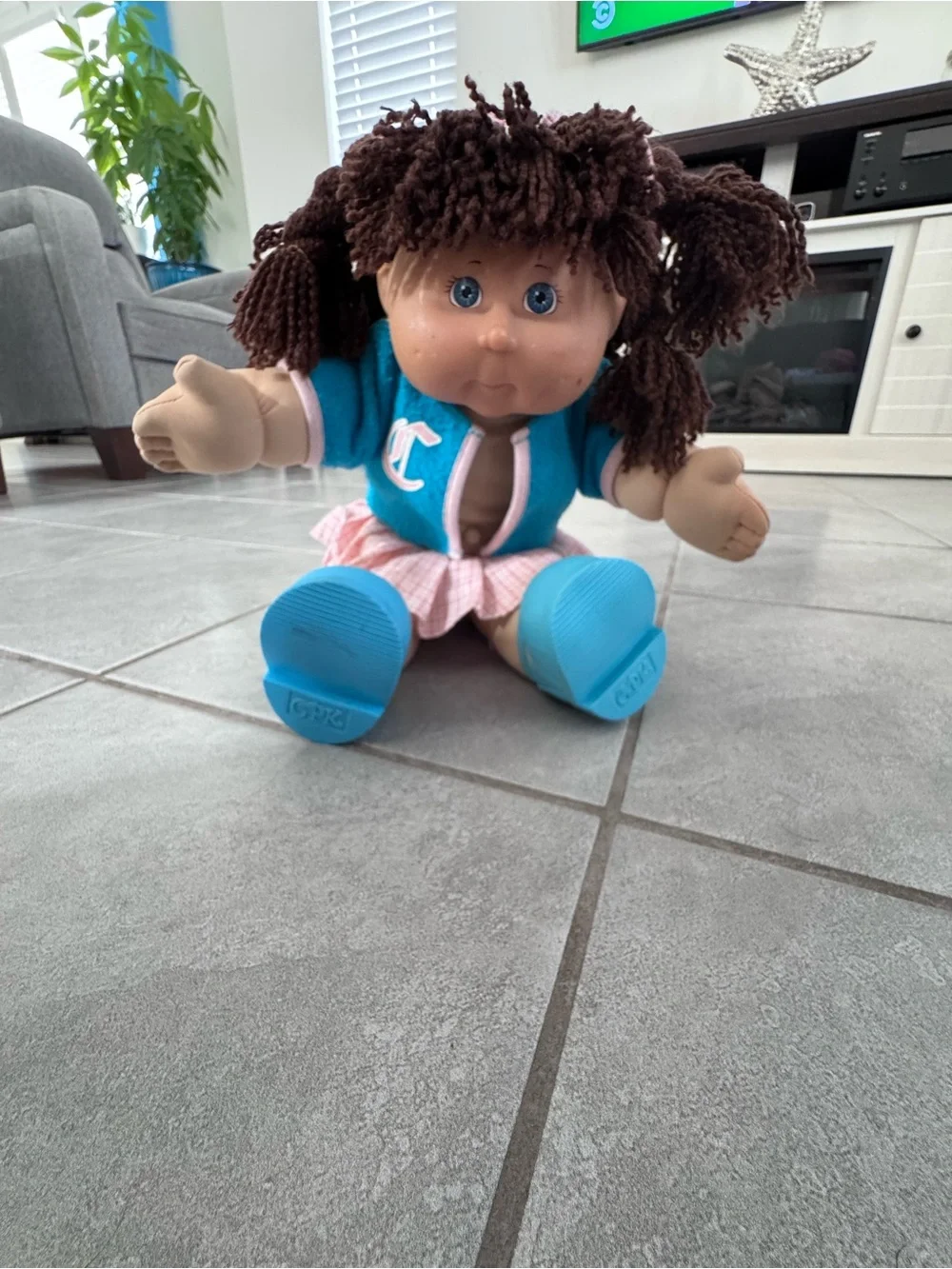 1990’s Cabbage patch Doll with Blue Jacket and Pink Plaid Skirt